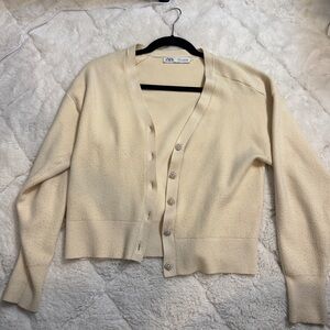 Butter yellow cream cardigan with gold pearl buttons